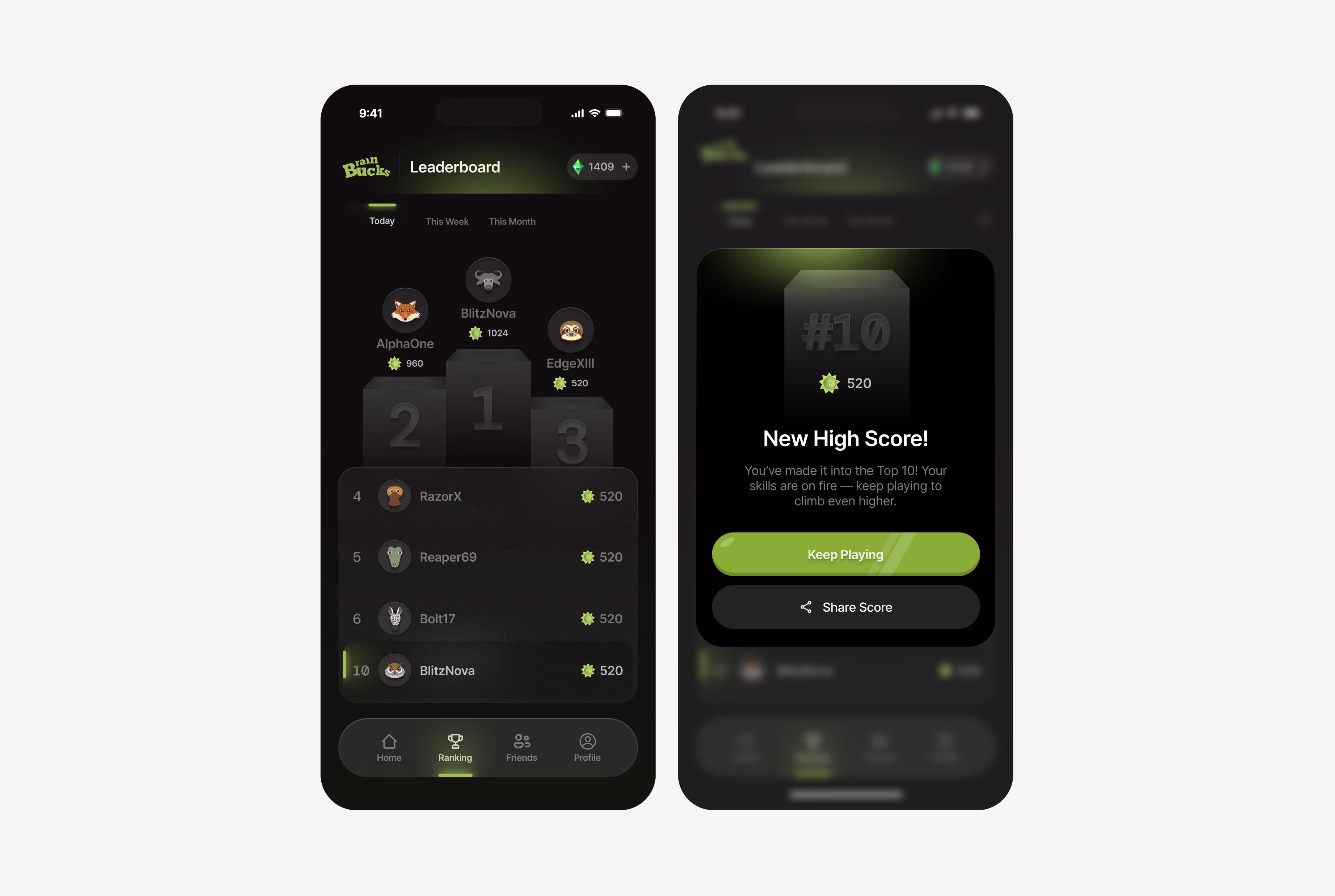 Gaming leaderboard mobile app UI